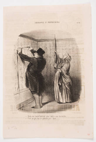 Indoor sceen with man holding measuring tape against wall and woman poking an umbrella at the ceilin