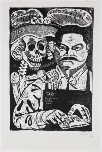 Woodcut with a skeleton in an ornate hat looking over the shoulder of a mustachioed person in apron