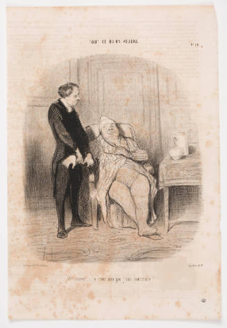 Doctor looking down and holding the wrist of a seated, large person in nightclothes and cap