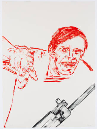 Representation in red of angry looking man pointing at the viewer, with a gray rifle in foreground