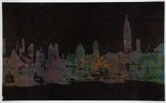 Low-contrast image of cut-out of a fragmented silhouetted skyline on a dark background