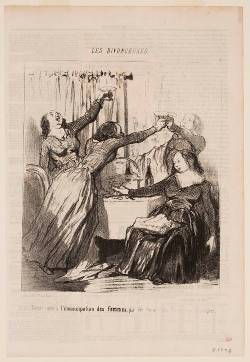 Table of women, three excitedly raising a glass to toast and one seated and slumped over