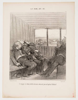 Caricature of four men seated and slumped over, asleep in traincar with window overlooking landscape