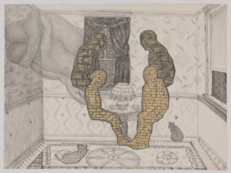 Room with human shapes cut into a wall revealing brick and a floating figure of a couple embracing