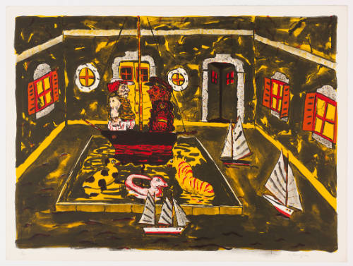 Room with two bearded figures in a small boat with pool floats and miniature sailboats