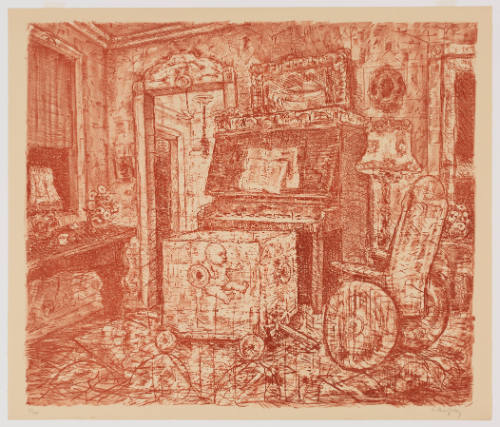 Red interior scene with baby in crib in center, piano and open doorway behind, wheelchair to right