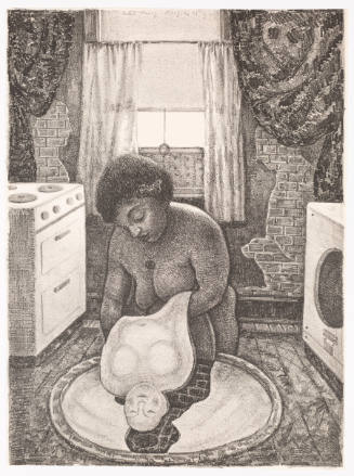 Nude woman with dark skin tone in kitchen holding image of a flattened nude female figure