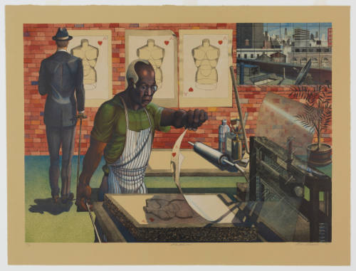 Dark skinned man pulls print from press while suited man in background looks at art