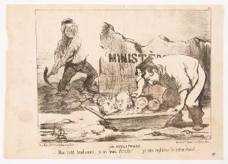 Workman places heads in a trough while another demolishes a wall that reads “ministere...” in backgr