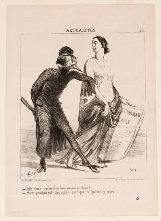 Man dressed in dark clothes gesturing toward woman wearing classical dress and holding a newspaper