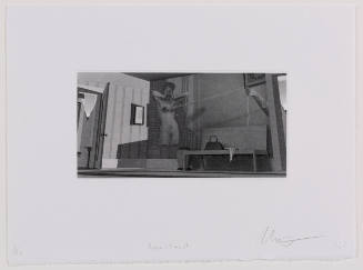 View of interior with superimposed image of nude woman with contraption on breasts