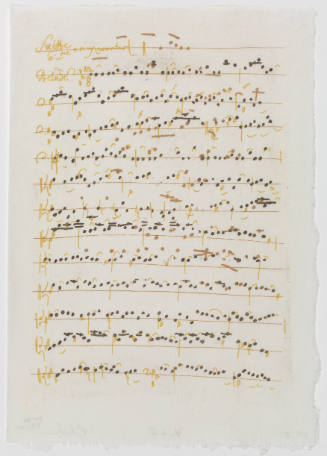 Handwritten musical score in yellow and black on rough-edged paper