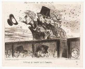 Caricature of a row of windblown men sitting on a bench on top of a moving traincar full of people 