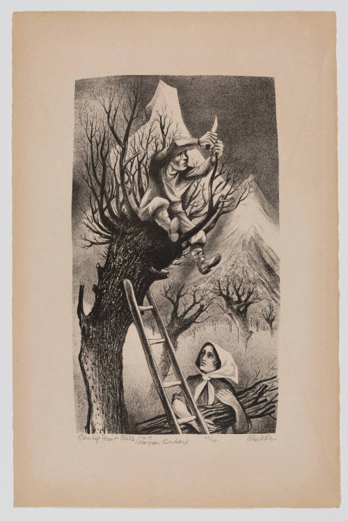 Print of a man working in a fruit tree with a knife while a woman in a scarf stands below