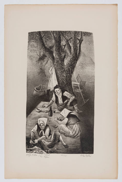 Print of three figures sitting on on blanket outdoors eating, drinking, and weaving basket