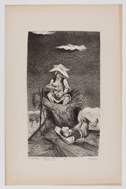 Print of a woman sitting on stack of wheat with baby nursing in lap and man sleeping below