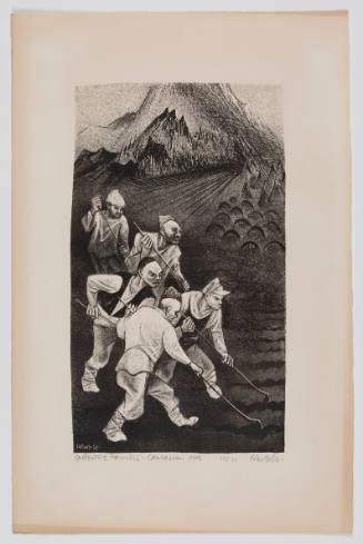 Black-and-white print with row of five workers working in the field and mountain in background