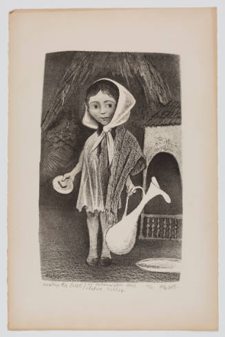 Black-and-white print with caricatured representation of young child holding pitcher and plate