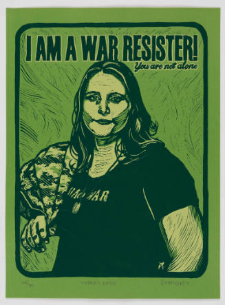Female-presenting figure on green background with the text “I AM A WAR RESISTER! You are not alone”