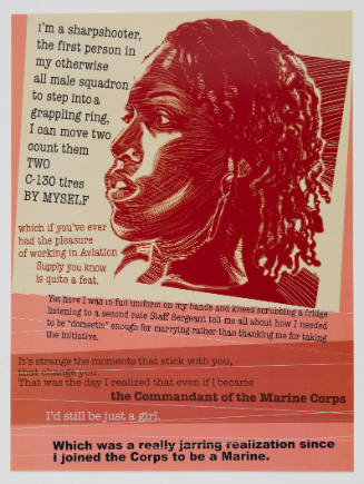 Portrait of a Black woman in profile with text beginning with “i’m a sharpshooter”