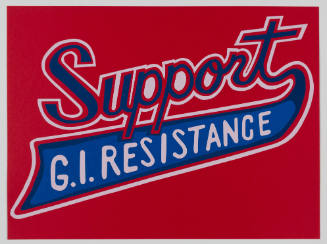 Red, white, and blue print with script reading “support,” and text below reading “G.I. Resistance”