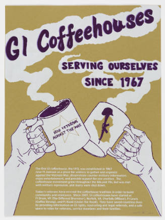 Hands holding two coffee mugs and steam emerging with text reading “GI coffeehouses…”