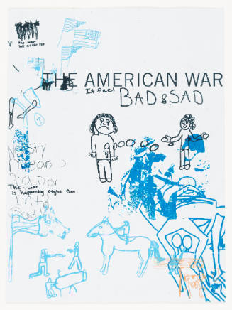 Children’s drawings depicting aspects of war overlaid with handwriting and print’s title