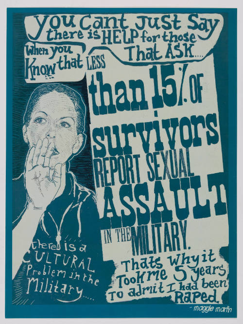 Image of a woman flanked with statements regarding the reality of sexual assault in the military