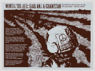 Line of soldiers walking in a deeply furrowed field with text on left addressing war crimes in Iraq