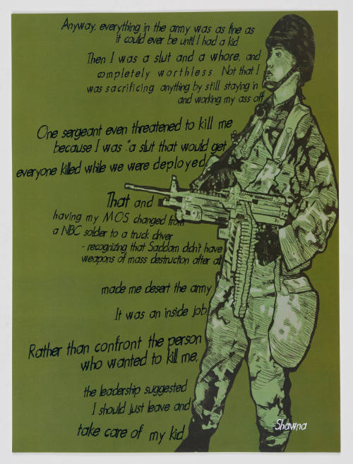 A female soldier in combat gear flanked with text relating her experiences of hostile gender bias