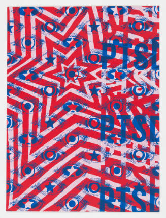 Concentric starburst pattern in red and white overlaid with blue drawings of eyes and letters “PTSD”