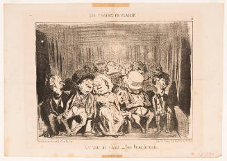 Caricature of a crowd of people sleeping, looking miserable, or looking disgruntled in cramped space