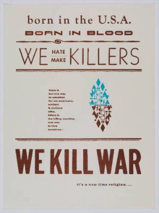 Brown text on white background, largest texts reading “We hate/make Killers” and "WE KILL WAR"