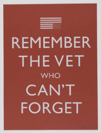 Upside-down American flag and text reading “REMEMBER THE VET WHO CAN’T FORGET” in white on red