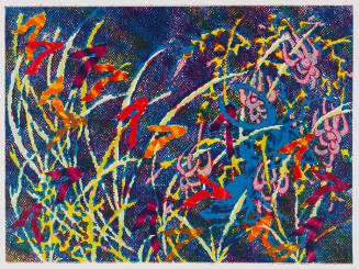 Overlapping abstract strokes seeming to represent flowers and grass in highly contrasting colors