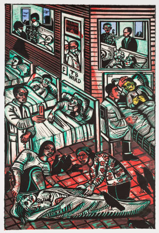 Woodcut in black, red, and teal of person on floor being zipped into body bag in a crowded hospital