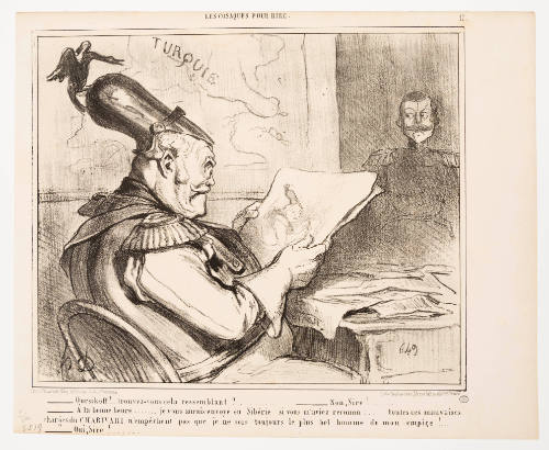 An officer in a fancy uniform looks at a caricature of himself while another man stands in backgroun