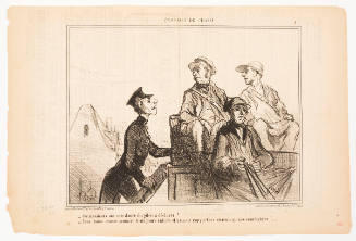 Caricature of person approaching two passengers sitting in carriage with driver in front