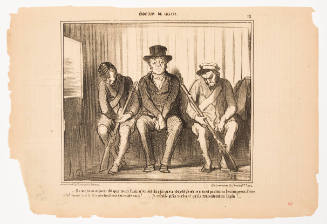 Caricature of person with a worried expression sitting between two people looking down and holding g