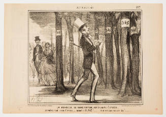 Caricature of man in tophat walking among trees labeled with numbers and a large crowd in background