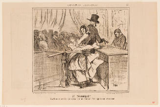 Caricature of woman with shocked expression and skirt caught in a turnstile with a crowd in backgrou