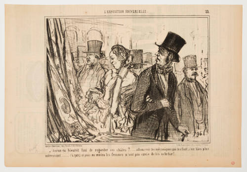 Man in tophat with wide eyes pulling a woman away from looking at fabric goods in a crowd