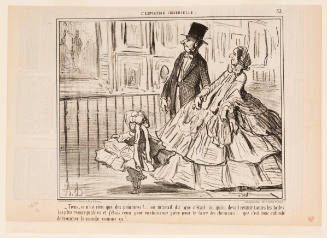 Caricature of man in tophat and woman and child in frilly garments looking at wall of paintings 