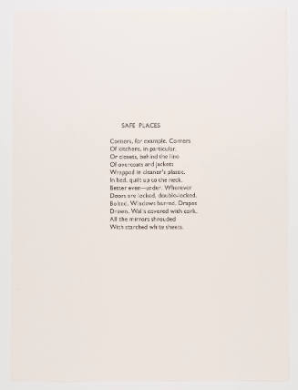 Title reading “SAFE PLACES” accompanied by a twelve-line poem in black font