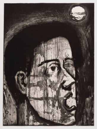 Black-and-white print of a person with wide eyes and opened mouth and small moon in upper-right 