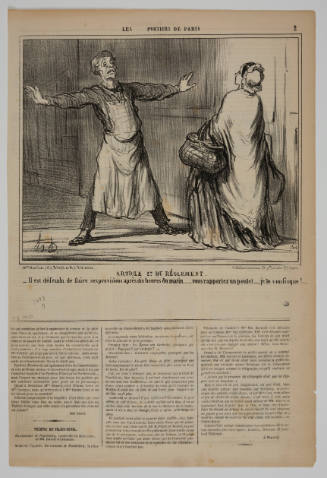 Newspaper page with an illustration of a man stopping a woman holding a basket from passing