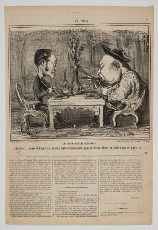 Caricature of two men, one stereotyped as European and one stereotyped as Chinese, eating with chops