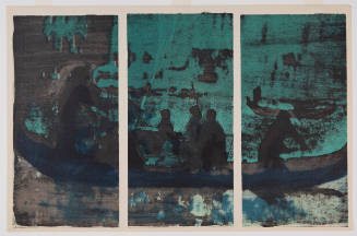 Three plates form an image of murky silhouette of figures on a gondola with turquoise background