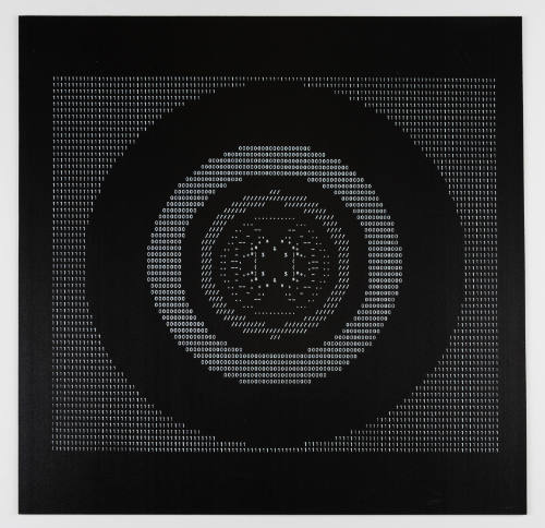 White symbols and numbers printed on black background in the shape of a bullseye