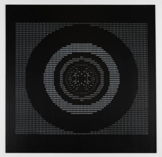 White symbols and numbers printed on black background in the shape of a bullseye